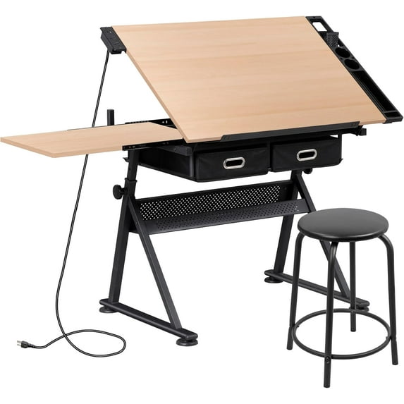 RTYJGD Retro-with Outlet Drafting Table, 24.5"D x 55"W x 35.8"H, Height & Angle Adjustable, Modern Computer Desk with Storage,Brown-with Outlet