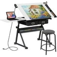 thumbnail image 1 of RTYJGD Retro-with Outlet Drafting Table, 24.5"D x 55"W x 35.8"H, Height & Angle Adjustable, Modern Computer Desk with Storage​,White-with Outlet, 1 of 7