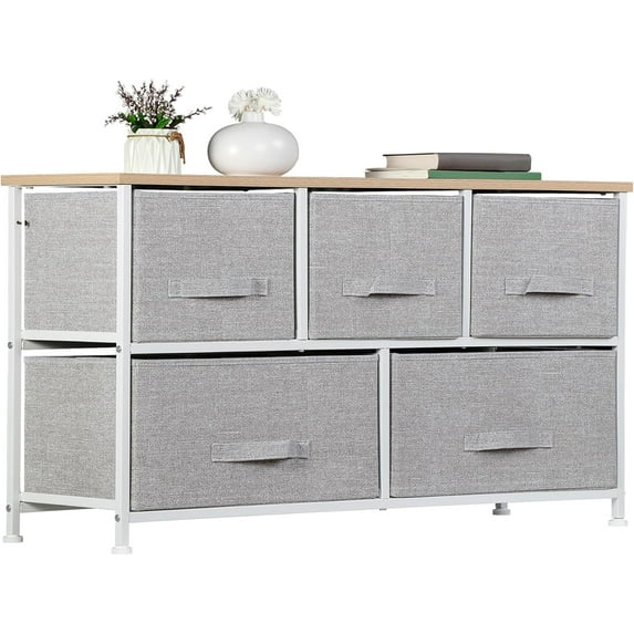 RTYJGD Rustic 5-Drawer Storage Chest, Foldable Drawer Organizer, Bedroom Living Room Cabinet,Natural + Light Grey