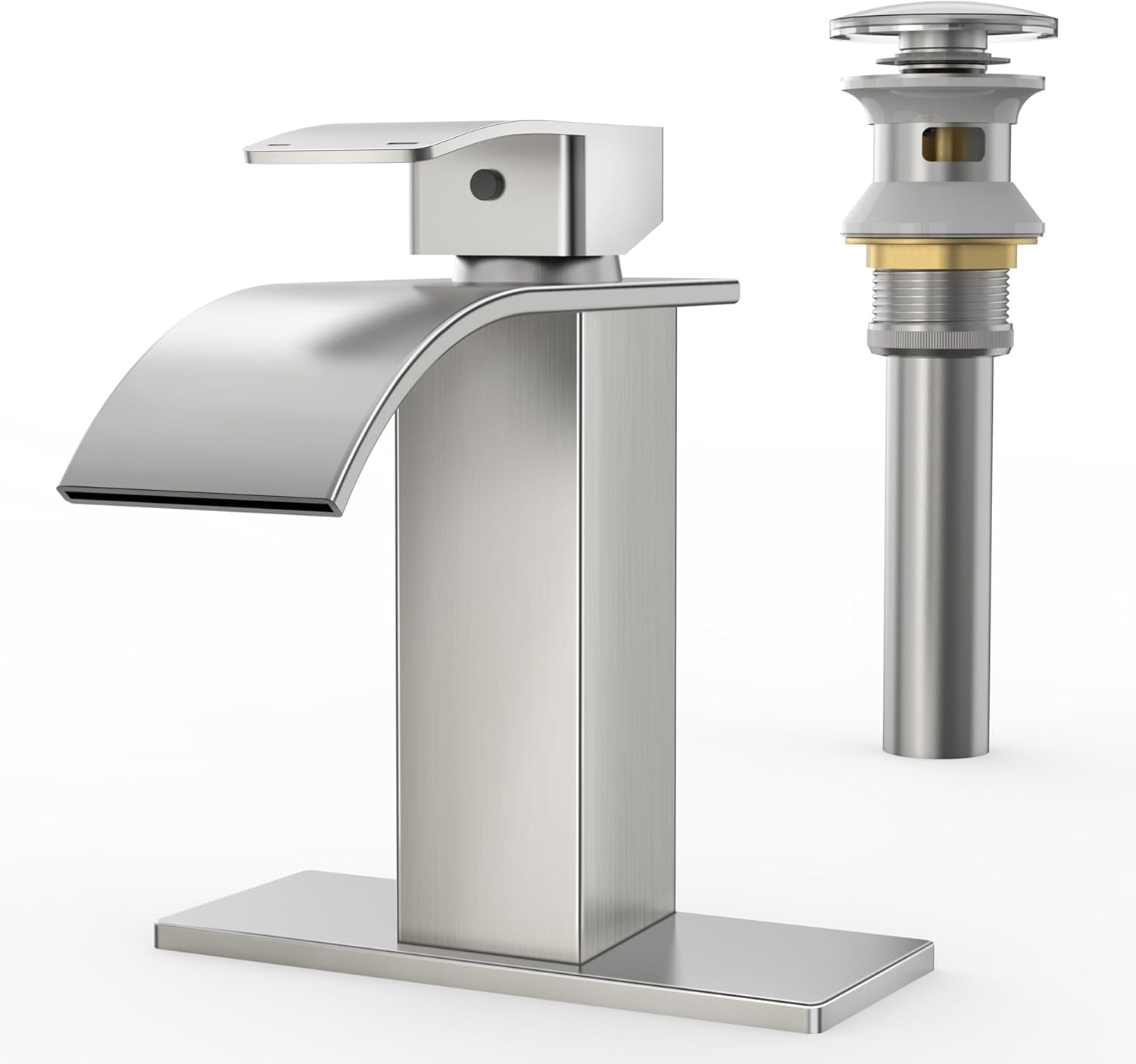 RUACQ Bathroom Faucets, Single Handle Bathroom Sink Waterfall Faucets for 1or 3 Hole, Stainless Steel Washbasin Mixer Tap with Deck, Pop-Up Drain and Supply Hoses (Short, Brushed Nickel)