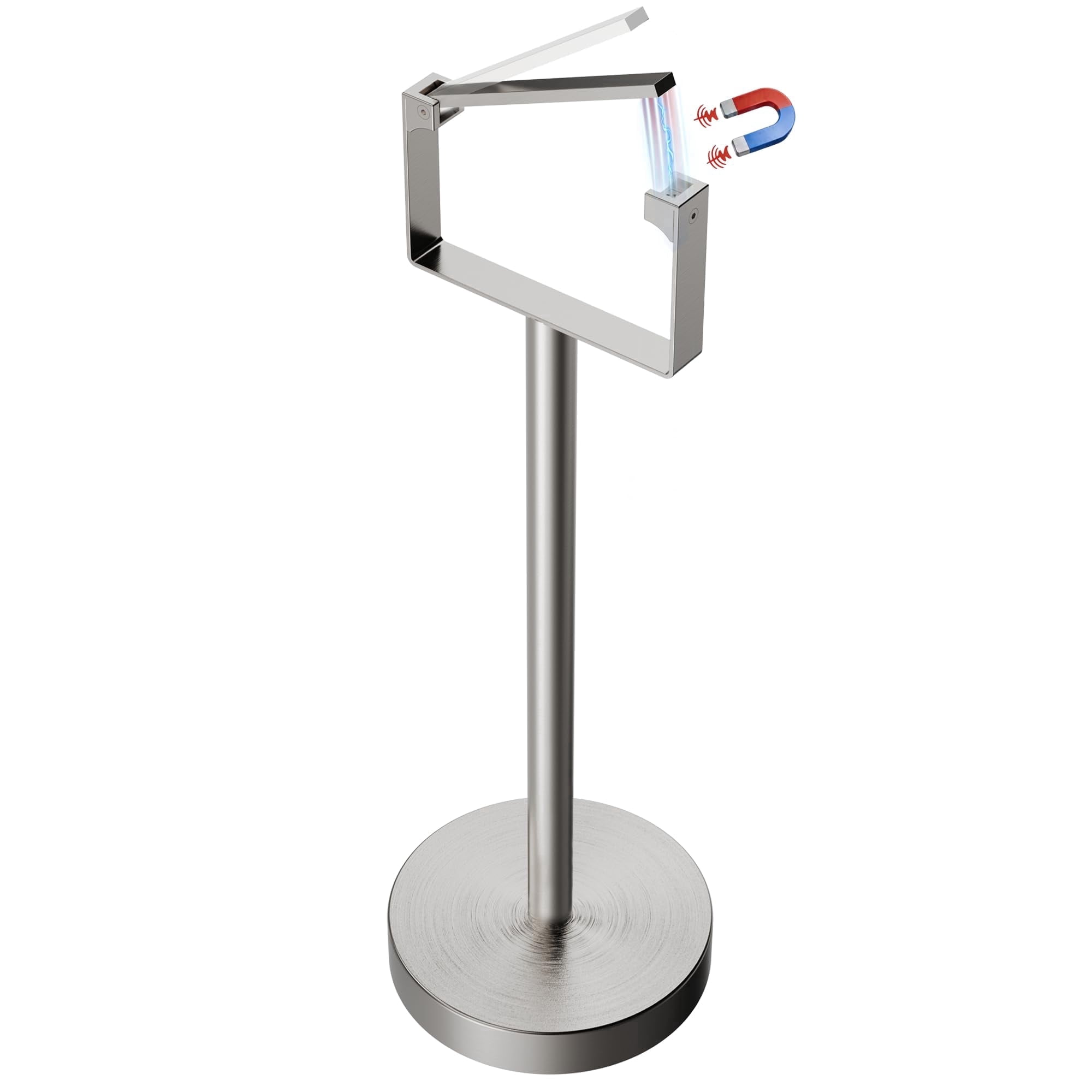 RUACQ Toilet Paper Holder Stand, Magnetic Closure Toilet Paper Stand with Lift-Up Rotating Arm, SUS304 Stainless Steel Bathroom Toilet Paper Holder Free Standing, Weighted Base (Brushed Nickel)