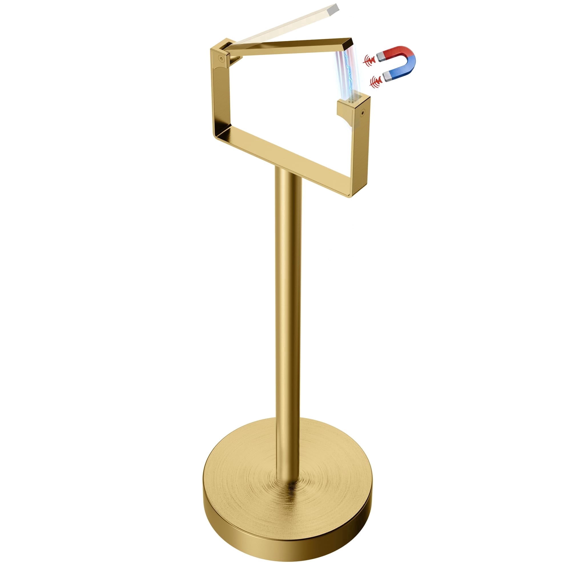 RUACQ Toilet Paper Holder Stand, Magnetic Closure Toilet Paper Stand with Lift-Up Rotating Arm, SUS304 Stainless Steel Bathroom Toilet Paper Holder Free Standing, Weighted Base (Brushed Gold)