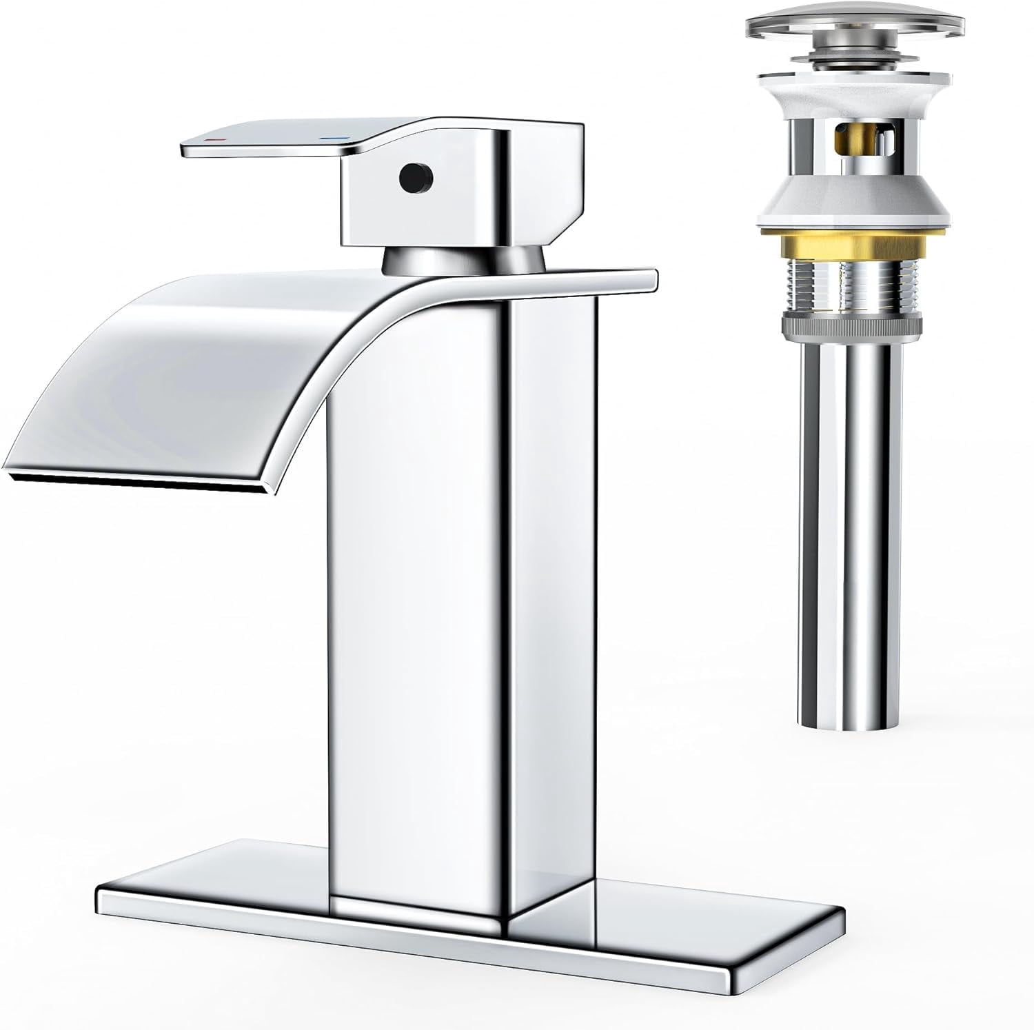 RUACQ Waterfall Bathroom Faucet,Single Handle Bathroom Sink Faucets for 1 or 3 Hole, Stainless Steel Washbasin Mixer Tap with Deck,Pop-up Drain and Supply Hoses (Chrome)