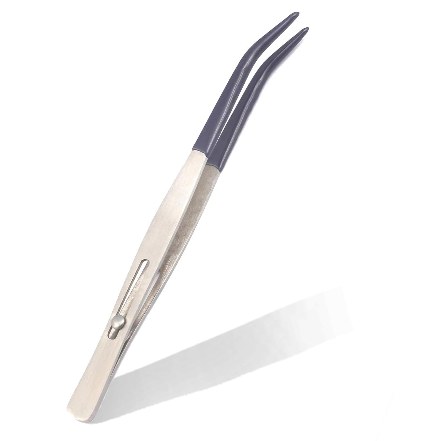 RUBBER TIPPED TWEEZER BENT TIP SLIDE LOCKING BUTTON LOCK NON MARRING