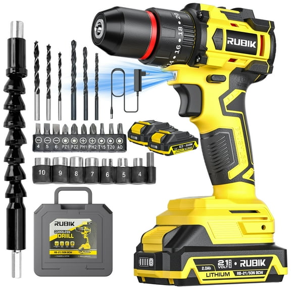 RUBIK Brushless 21V Cordless Drill Driver Kit - Max 50Nm Impact Drill, 2x 2000mAh Batteries, 3/8” Keyless Chuck & LED Light, 450 In-lb Torque, 20+3 Clutch, 2-Variable Speed and Fast charge