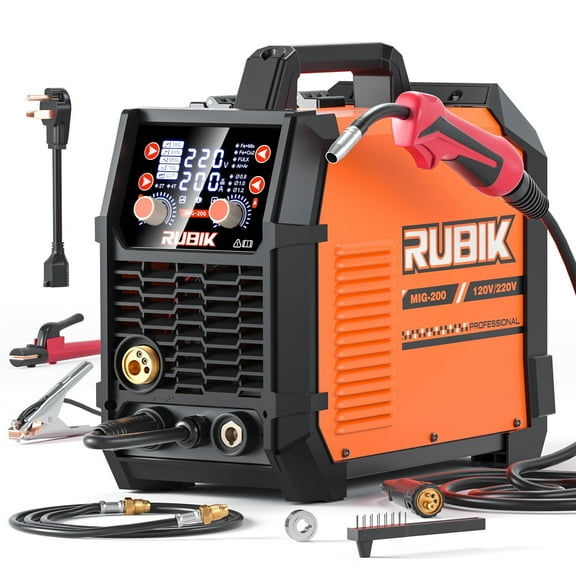 RUBIK MIG Welder 200A Welding Machine 5 in 1 Gas MIG/Flux Core MIG/SYN/Lift TIG/Stick Multiprocess Aluminum MIG Welder, 110/220V Dual Voltage MIG Welding Machine