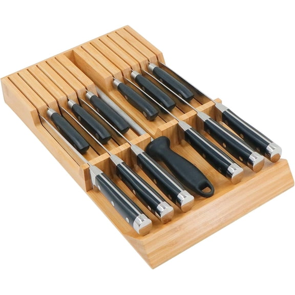 Utoplike in-Drawer Knife Block Bamboo Kitchen Knife Drawer Organizer, Large Handle Steak Knife Holder Without Knives, Fit for 12 Knives and 1 Sharpening Steel (Not Included)