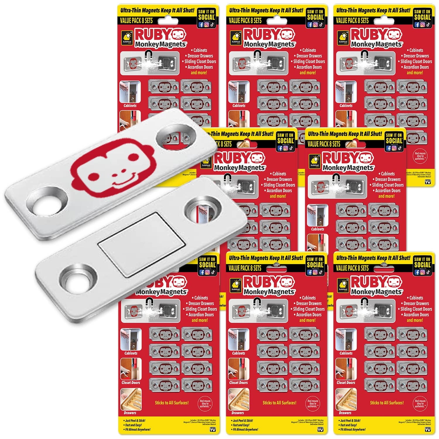 Ruby Monkey Magnets AS-SEEN-ON-TV, Ultra-Thin Magnetic Plates Keep It All Shut, Fast and Easy Installation — Just Peel & Stick, Slim Design Fits Virtually Anywhere, Cabinets, Drawers & More, 8 Pack