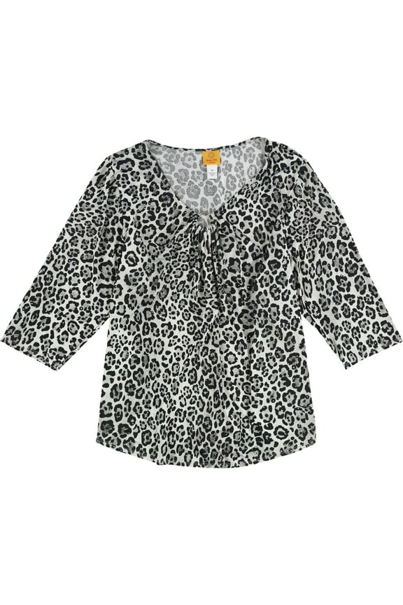Womens Cheetah Print Knit Blouse, Grey, Plus Size, 2X