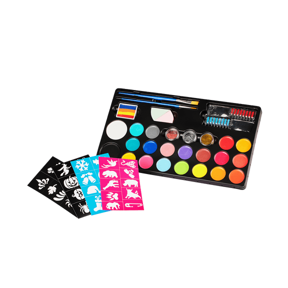 RUBY VIBE CO DreamPalette Face Painting Kit for Kids, 20 Colors, Brushes, Glitter, Stencils, 2.61 oz