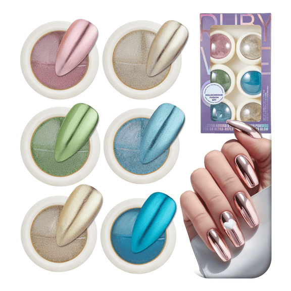 RUBY VIBE CO HoloChrome Fusion Set Chrome Nail Powder, 6-Jar Aurora and Metallic Mirror Powder for UV LED Gel Nails