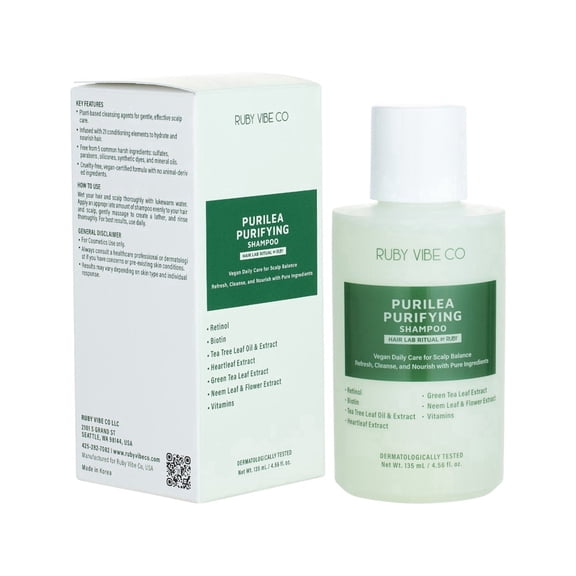 RUBY VIBE CO Purilea Purifying Shampoo with Heartleaf & Tea Tree, Vegan Clarifying Shampoo for Women, Daily Scalp Care, 4.56 fl oz