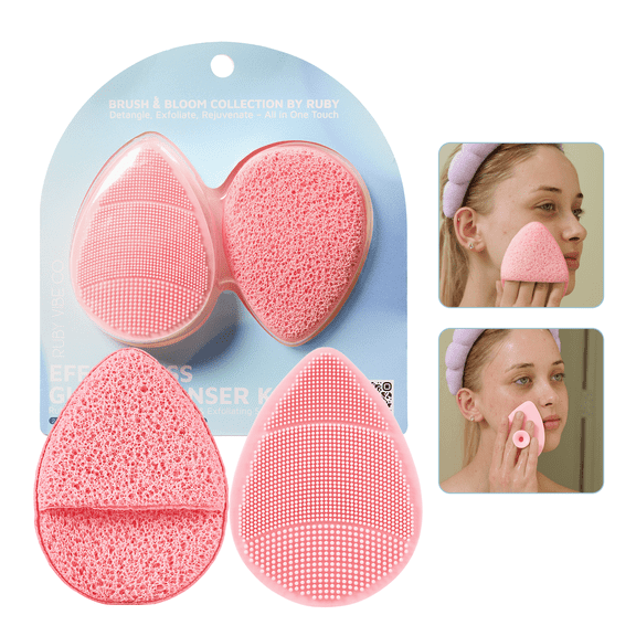 RUBY VIBE CO Silicone Face Cleansing Brush and Exfoliating Sponge, Gentle Facial Scrubber Kit, Pink, 2 Piece