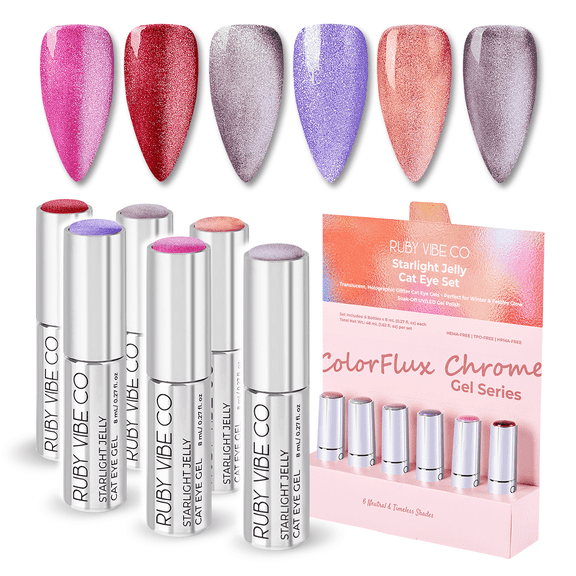 RUBY VIBE CO Starlight Jelly Cat Eye Gel Polish Set, 6-Piece Magnetic Holographic Nail Polish