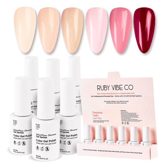 RUBY VIBE CO Timeless Nude Gel Set HEMA-Free Jelly Gel Nail Polish, 6 Nude Pink, Beige & Dark Red UV/LED Shades, 0.27 fl. oz Each