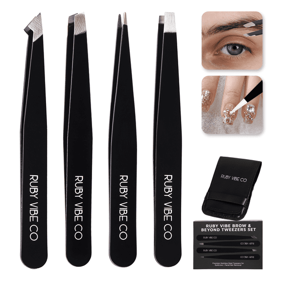 RUBY VIBE CO Tweezer Set Stainless Steel , 4 Piece Eyebrow and Facial Hair Grooming Kit