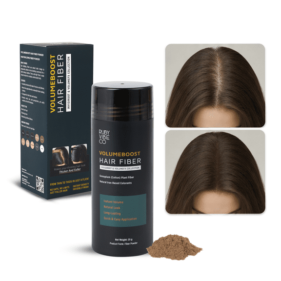 RUBY VIBE CO VolumeBoost Hair Fiber Powder for Thinning Hair, Natural-Looking Root Touch-Up, Med Brown 0.88 oz (25g)