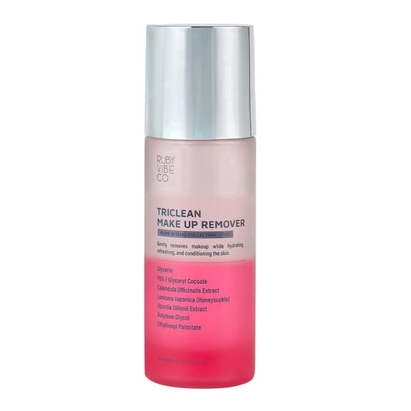 RUBY VIBE CO TriClean Waterproof Makeup Remover  Eye & Face Makeup Remover,  Gentle Formula For All Skin Types, Pink, 3.38 fl oz (100 ml)