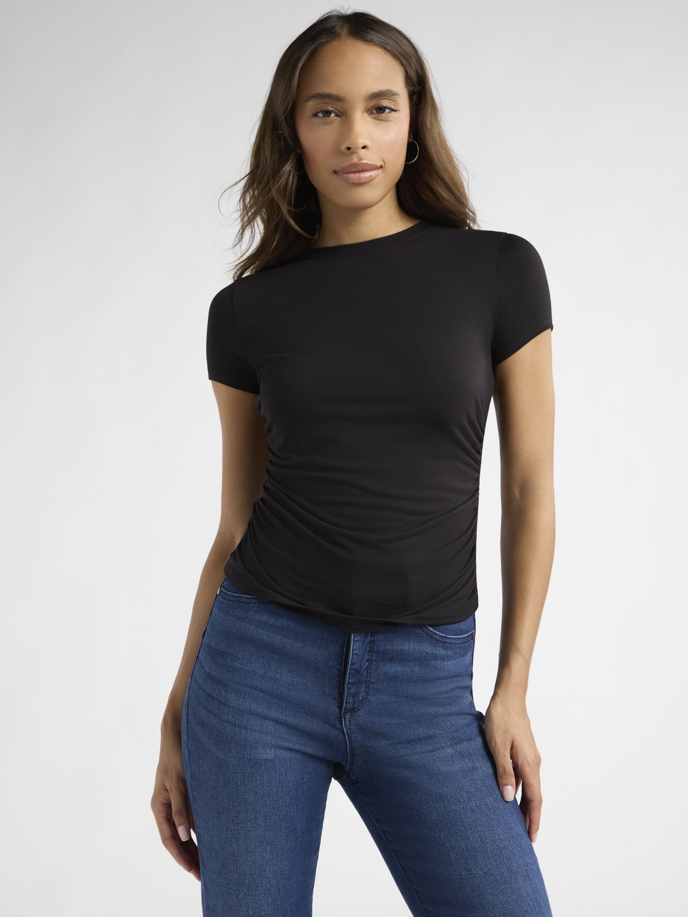 Sofia Jeans Women's and Women's Plus Ruched Side Tee with Short Sleeves, XS-4X