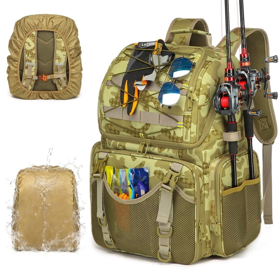 RUCYEN 45L Fishing Tackle Backpack,Water Resistant Fishing Storage Bag with Rod Holders & Rain Cover, Fishing Gear Gifts for Men