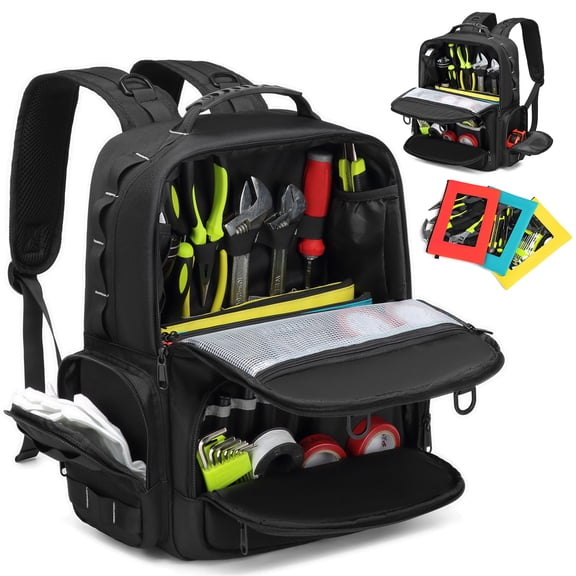 RUCYEN Large Capacity Tool Backpack, With 3 Tool Pouches,Heavy-Duty Tool Storage and Organization,for Electricians,Plumbers, HVAC