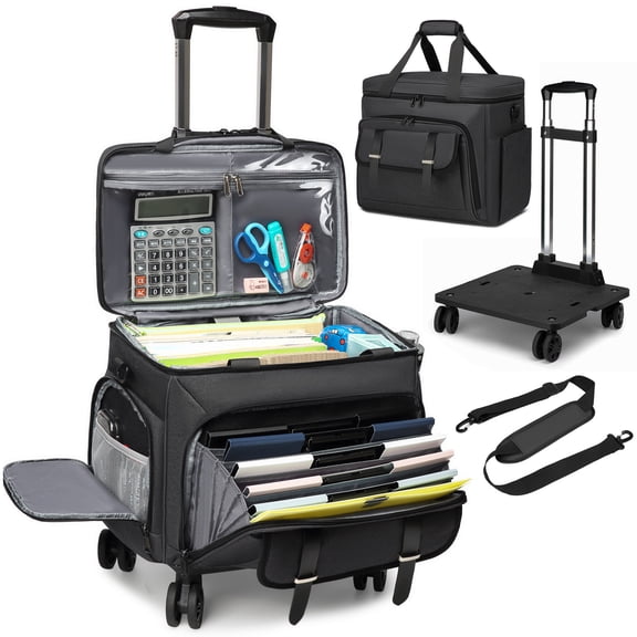 RUCYEN Rolling Teacher Tote Bag,with Laptop Compartment,,Detachable Dolly,15.6 Inch Laptop Wheeled Teacher Bag for Craft,Teaching,Office,Black