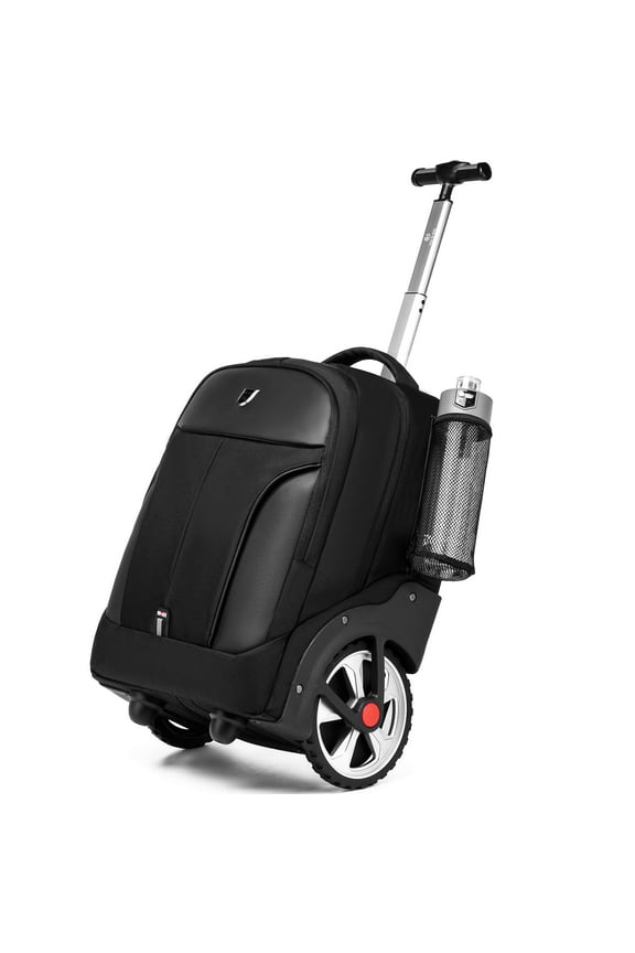 Rolling Travel Backpack for Adults, 17 Inch Wheeled Laptop Backpack with Telescopic Handle, Waterproof Carry On Backpack for Business Work Weekend Short Trips, Black
