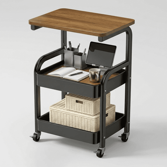 RUDLDA 3-Tier Rolling Utility Cart with Walnut Table Top, Metal Storage Cart with Lockable Wheels, Multi-Purpose Organizer for Kitchen, Bathroom & Coffee Bar