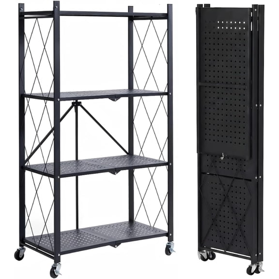 RUDLDA 4-Tier Folding Storage Shelf, Mobile Metal Shelving Unit with Wheels, No Assembly Heavy Duty Foldable Rack for Kitchen, Pantry, Bathroom & Books Organization