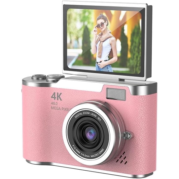 RUDLDA Digital Camera, 1080P Digital Camera with 2.4in Flip HD Display Screen, 8X Zoom Anti Shake Point and Shoot for Beginners (Pink)