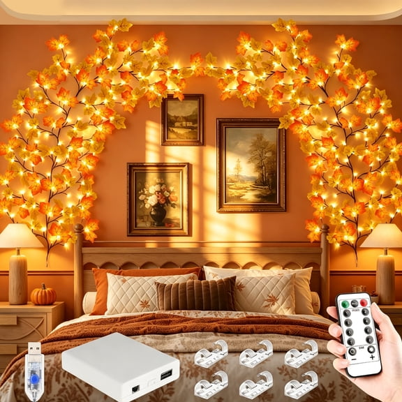 RUDLDA Fall Garland with Lights, 144 LED Bendable Maple Leaf Vine Lights, USB Powered Artificial Autumn Branch Lights for Wall Fireplace Thanksgiving Fall Home Decor