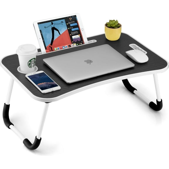RUDLDA Foldable Laptop Table, Portable Lap Desk Bed Tray with Cup Holder, Tablet Slot & Lifting Handle, Multi-Function Desk for Working, Writing, Drawing & EatingBlack