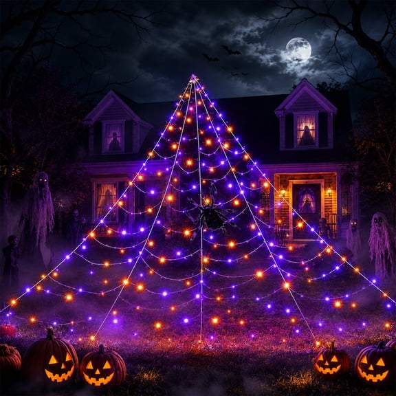 RUDLDA Halloween Spider Web Lights, 260 LED Lighted Spider Web Giant 16.4Ft Halloween Decorations Light up with 8 Lighting Modes Waterproof & Timer for Outdoor Indoor Yard Haunted House Decor