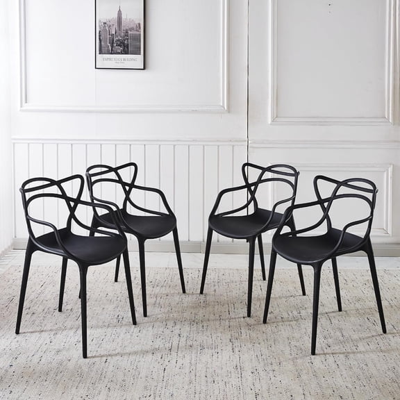 RUDLDA Set of 4 Stackable Plastic Dining Chairs, Black Entangled Design Stacking Side Chairs, Portable Indoor Outdoor Chairs for Kitchen & Restaurant