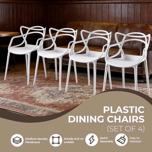RUDLDA Set of 4 Stackable Plastic Dining Chairs, White Entangled Design ...