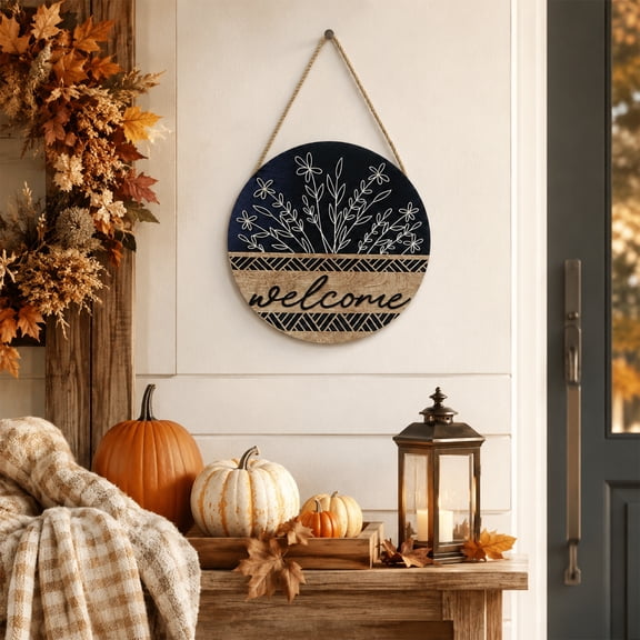 RUDLDA Welcome Round Wooden Door Hanger, Farmhouse Floral Line Art Welcome Sign, Rustic Wall Hanging Plaque with Hanging Rope for Front Door Porch Entryway Home Decor