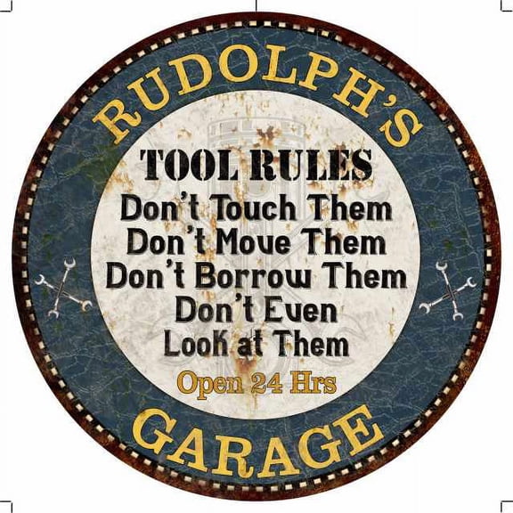RUDOLPH'S Garage Rules 14" Round Metal Sign Garage Wall Decor 100140015436