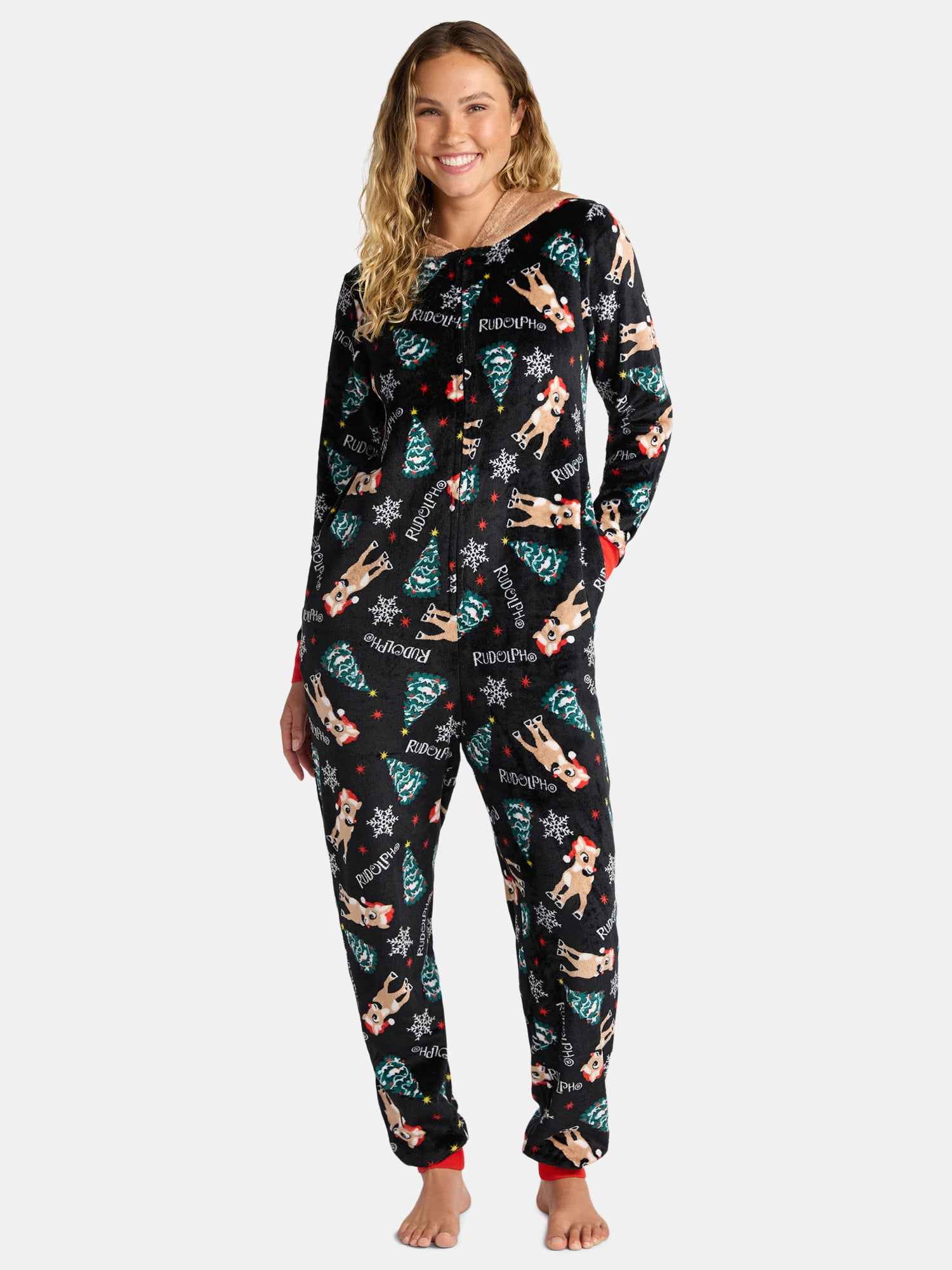 Rudolph Women's and Women's Plus Super Minky Union Suit Pajamas with Hood, Sizes XS-3X