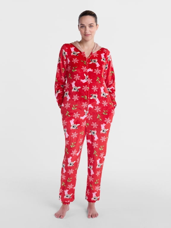 Rudolph Women's and Women's Plus Plush Union Suit Pajamas with Hood, Sizes XS-3X