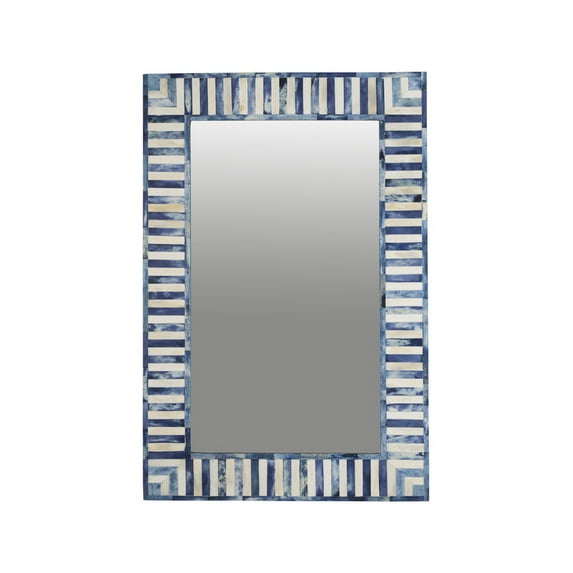 RUDRAKSHA CORPORATION Blue & Off-White Bone Inlay Rectangular Mirror Frame, Marbled Striped Wall Mirror, Stepped Corner Design for Coastal or Modern Decor