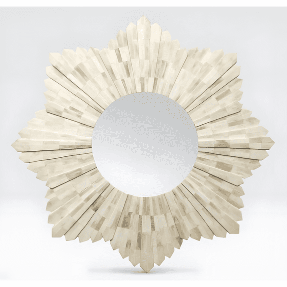 RUDRAKSHA CORPORATION Bone Inlay Mirror Frame, Layered Sunburst Segments, Central Round Mirror for Art Deco, Glam, Boho, or Contemporary Accent Walls