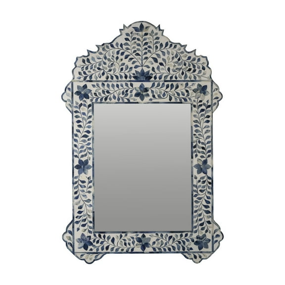 RUDRAKSHA CORPORATION Bone Inlay Mirror Frame, Rectangular with Scalloped Arch Top, White and Blue Floral Vine Pattern, Wall Mirror for Indian, Bohemian, or Eclectic Décor