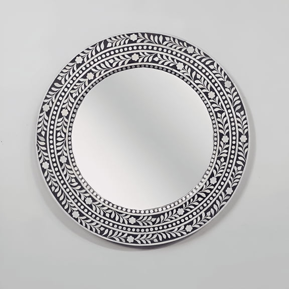 RUDRAKSHA CORPORATION - Bone Inlay Mirror Frame – Round Design with Elegant White Floral Border on Dark Background
