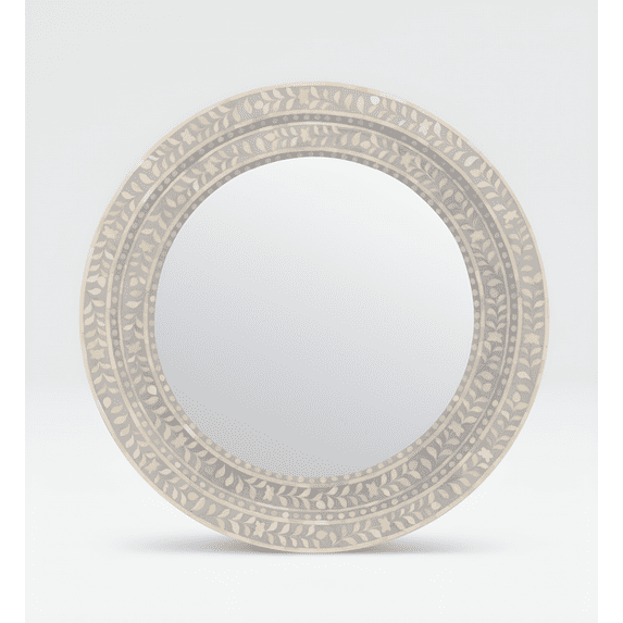 RUDRAKSHA CORPORATION Bone Inlay Round Mirror – Floral Vine Design, Grey and Ivory Frame, Handcrafted Wall Decor
