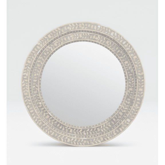 RUDRAKSHA CORPORATION Bone Inlay Round Mirror – Floral Vine Design, Grey and Ivory Frame, Handcrafted Wall Decor