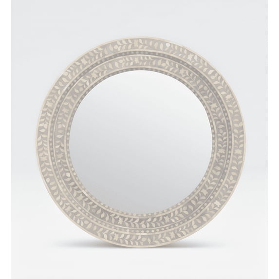 RUDRAKSHA CORPORATION Bone Inlay Round Mirror – Floral Vine Design, Grey and Ivory Frame, Handcrafted Wall Decor