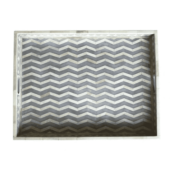 RUDRAKSHA CORPORATION Bone Inlay Serving Tray Chevron Design White Blue Rectangular with Handles