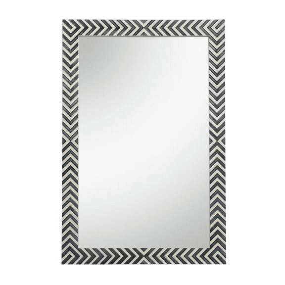 RUDRAKSHA CORPORATION Chevron Bone Inlay Rectangular Mirror Frame, Black & Off-White Zig-Zag Pattern, Modern Wall Accent with Bold 'X' Design