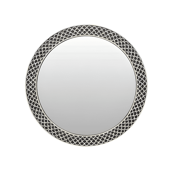 RUDRAKSHA CORPORATION - Modern Round Bone Inlay Mirror – Decorative Black Fish Scale Pattern with Minimalist Design