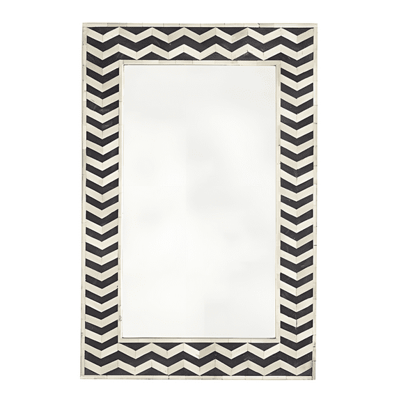 RUDRAKSHA CORPORATION Modern Chevron Bone Inlay Rectangle Mirror Frame, Black & Ivory Zig-Zag Pattern, Polished Geometric Wall Accent for Home
